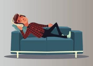 man in flannel shirt and jeans laying on couch listening to podcasts graphic