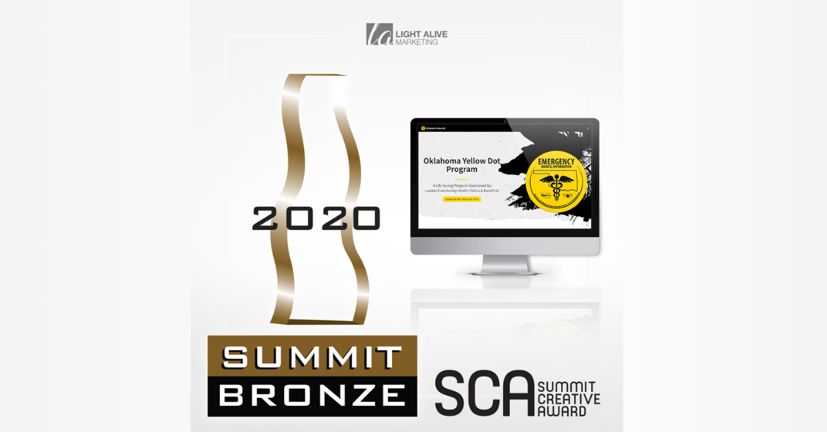 An image of the gold Summit Creative Award trophy on the left. A computer displaying Oklahoma Yellow Dot Website homepage sits over SCA logo.